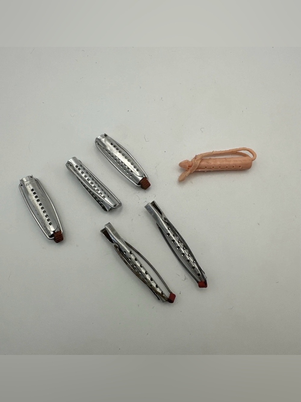 Ideal Tammy Lot of Six Hair Curlers Silver Pink Metal Plastic 1960s